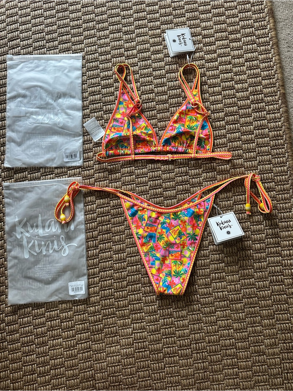 Kulani Kinis Neon Tropical Floral Orange Trim Triangle Bikini - Picture 2 of 2